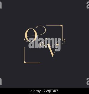 OV simple concept of wedding outline logo and square of initial design gold in white background Stock Vector