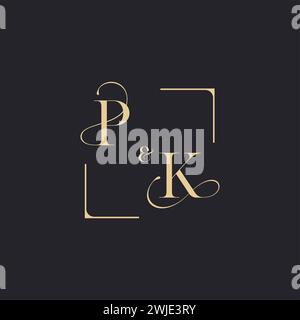 PK simple concept of wedding outline logo and square of initial design gold in white background Stock Vector