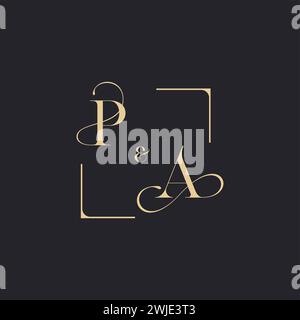 PA simple concept of wedding outline logo and square of initial design gold in white background Stock Vector