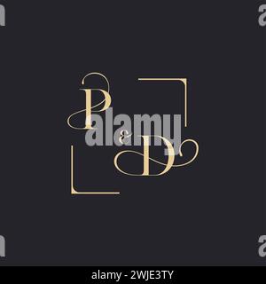 PD simple concept of wedding outline logo and square of initial design gold in white background Stock Vector