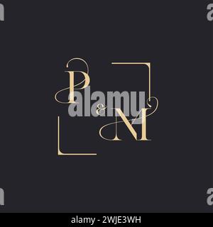 PM simple concept of wedding outline logo and square of initial design gold in white background Stock Vector