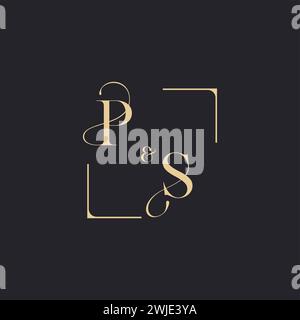 PS simple concept of wedding outline logo and square of initial design gold in white background Stock Vector