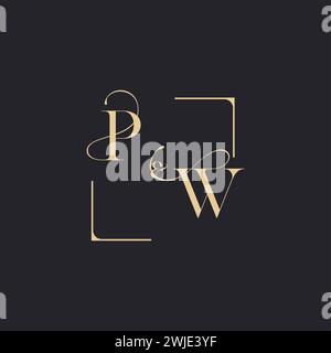PW simple concept of wedding outline logo and square of initial design gold in white background Stock Vector