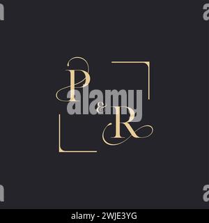 PR simple concept of wedding outline logo and square of initial design gold in white background Stock Vector