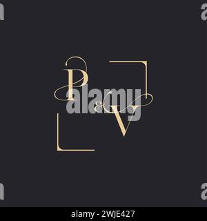 PV simple concept of wedding outline logo and square of initial design gold in white background Stock Vector