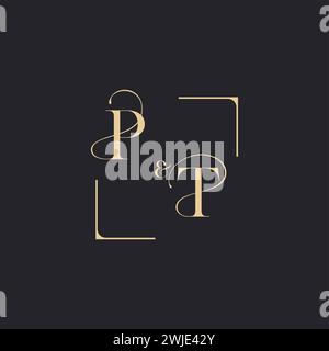 PT simple concept of wedding outline logo and square of initial design gold in white background Stock Vector