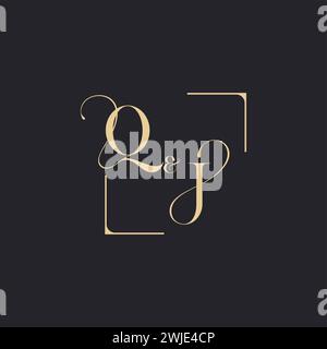 QJ simple concept of wedding outline logo and square of initial design gold in white background Stock Vector