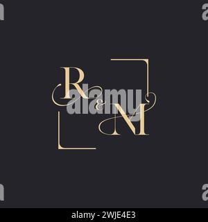 RM simple concept of wedding outline logo and square of initial design gold in white background Stock Vector