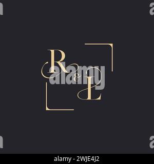 RL simple concept of wedding outline logo and square of initial design gold in white background Stock Vector