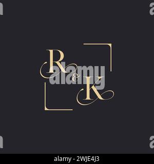 RK simple concept of wedding outline logo and square of initial design gold in white background Stock Vector