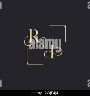RI simple concept of wedding outline logo and square of initial design gold in white background Stock Vector