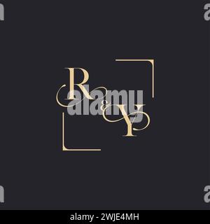 RY simple concept of wedding outline logo and square of initial design gold in white background Stock Vector