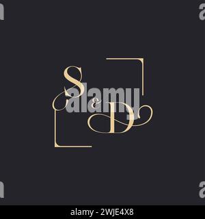 SD simple concept of wedding outline logo and square of initial design gold in white background Stock Vector