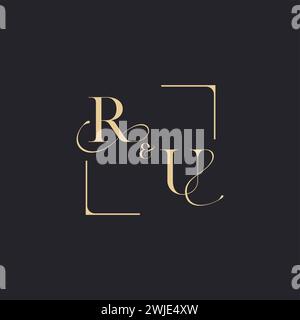 RU simple concept of wedding outline logo and square of initial design gold in white background Stock Vector