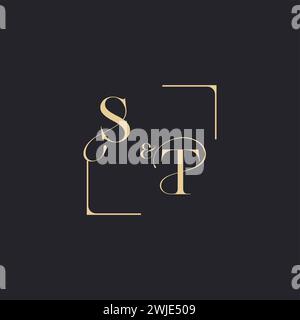 ST simple concept of wedding outline logo and square of initial design gold in white background Stock Vector