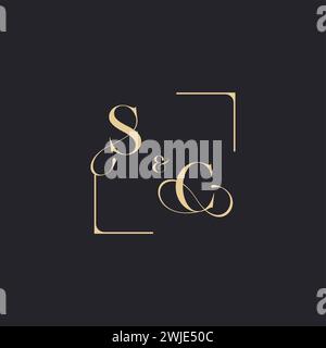 SC simple concept of wedding outline logo and square of initial design gold in white background Stock Vector