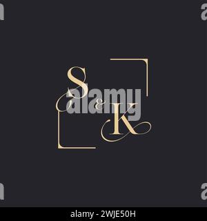 SK simple concept of wedding outline logo and square of initial design gold in white background Stock Vector