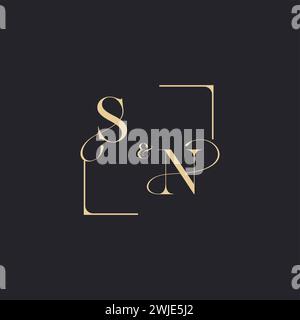 SN simple concept of wedding outline logo and square of initial design gold in white background Stock Vector