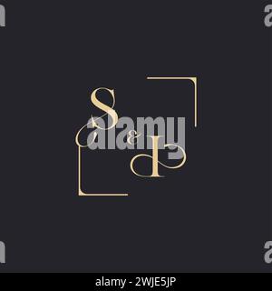 SI simple concept of wedding outline logo and square of initial design gold in white background Stock Vector
