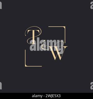 TW simple concept of wedding outline logo and square of initial design gold in white background Stock Vector