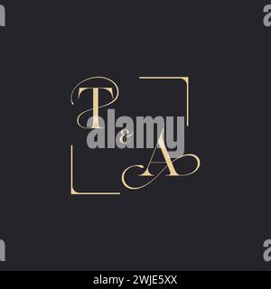 TA simple concept of wedding outline logo and square of initial design gold in white background Stock Vector