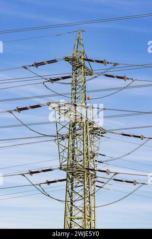 overhead high voltage cables and natural wooden pylon providing power ...
