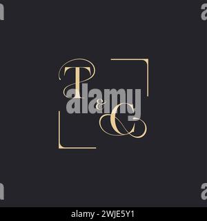 TC simple concept of wedding outline logo and square of initial design gold in white background Stock Vector
