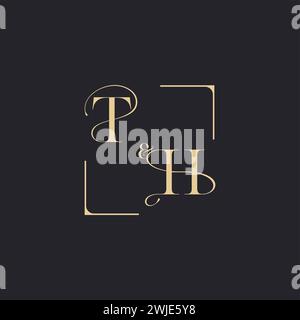 TH simple concept of wedding outline logo and square of initial design gold in white background Stock Vector