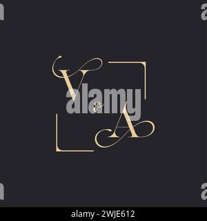 VA simple concept of wedding outline logo and square of initial design gold in white background Stock Vector