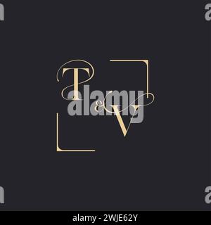 TV simple concept of wedding outline logo and square of initial design gold in white background Stock Vector