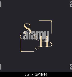SH simple concept of wedding outline logo and square of initial design gold in white background Stock Vector