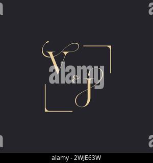 VJ simple concept of wedding outline logo and square of initial design gold in white background Stock Vector