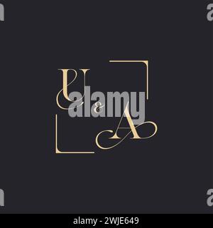 UA simple concept of wedding outline logo and square of initial design gold in white background Stock Vector