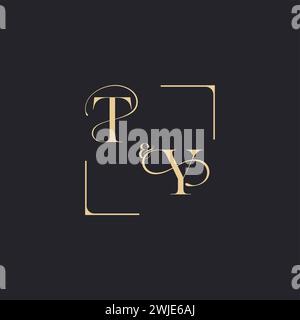 TY simple concept of wedding outline logo and square of initial design gold in white background Stock Vector