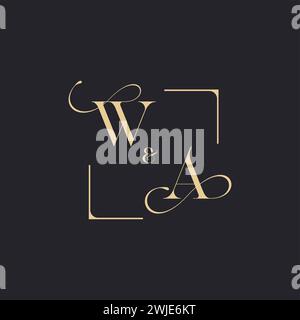 WA simple concept of wedding outline logo and square of initial design gold in white background Stock Vector