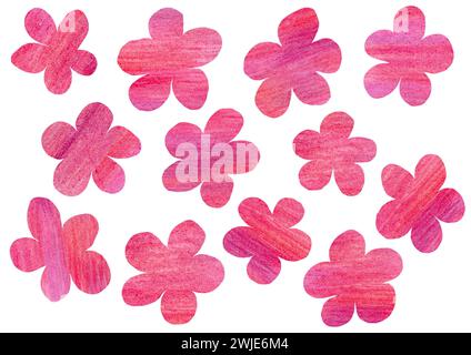 A set of flowers on a white background. A simple shape of five round petals. Different shades of pink red, purple Texture of strokes with colored penc Stock Photo