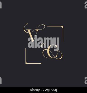 VC simple concept of wedding outline logo and square of initial design gold in white background Stock Vector