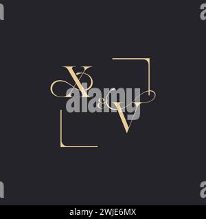 XV simple concept of wedding outline logo and square of initial design gold in white background Stock Vector