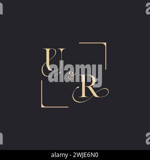 UR simple concept of wedding outline logo and square of initial design gold in white background Stock Vector