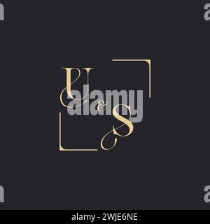 US simple concept of wedding outline logo and square of initial design gold in white background Stock Vector