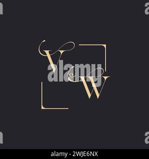 VW simple concept of wedding outline logo and square of initial design gold in white background Stock Vector