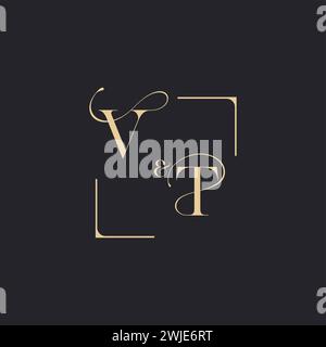 VT simple concept of wedding outline logo and square of initial design gold in white background Stock Vector