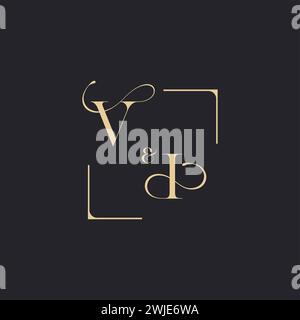 VI simple concept of wedding outline logo and square of initial design gold in white background Stock Vector