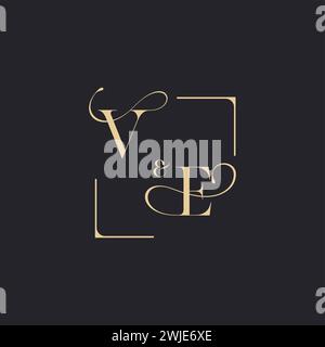 VE simple concept of wedding outline logo and square of initial design gold in white background Stock Vector
