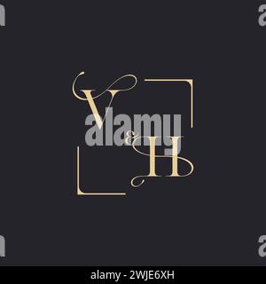 VH simple concept of wedding outline logo and square of initial design gold in white background Stock Vector