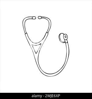 Hand-Drawn Stethoscope. Vector outline stethoscope in doodle style. Medical element. illustration isolated on white background. Stock Vector