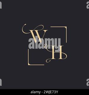 WH simple concept of wedding outline logo and square of initial design gold in white background Stock Vector