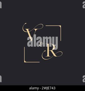 VR simple concept of wedding outline logo and square of initial design gold in white background Stock Vector