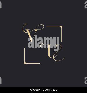 VU simple concept of wedding outline logo and square of initial design gold in white background Stock Vector