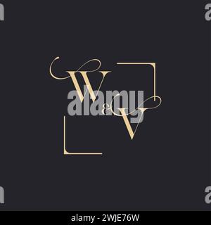 WV simple concept of wedding outline logo and square of initial design gold in white background Stock Vector